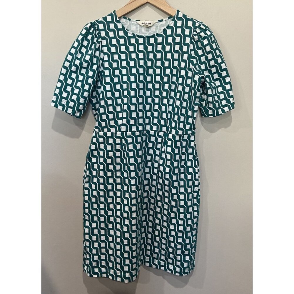 Boden Zoe Jersey Dress Sheath Puff Sleeves Green White Size 8R 8 Regular